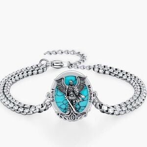 Sterling Silver Pearl Chain Bracelet with Turquoise Saint Michael Pendant